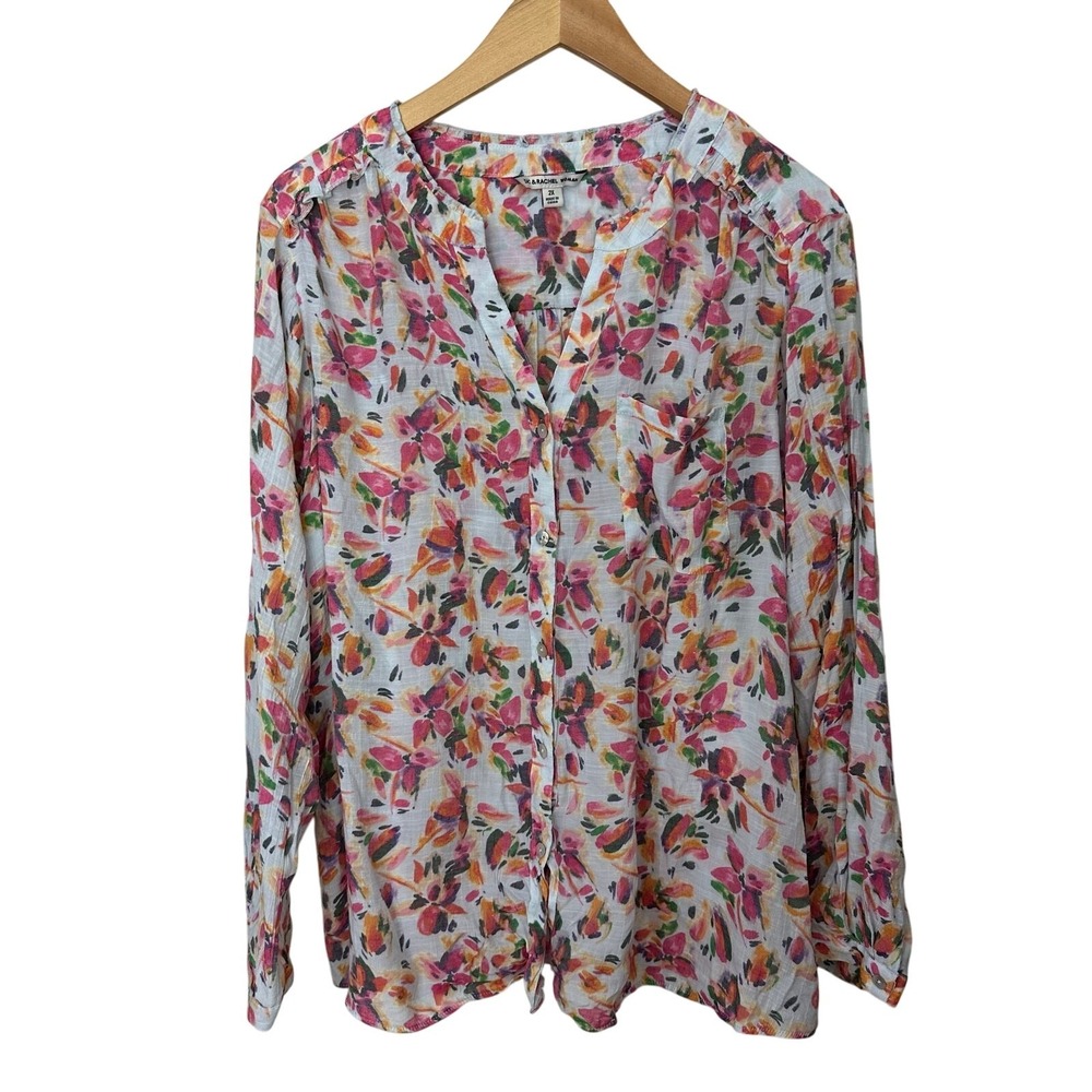 Zac & Rachel Blouse Womens 2X Top Floral Button Up Roll Tab Sleeve Gauzy Rayon‎